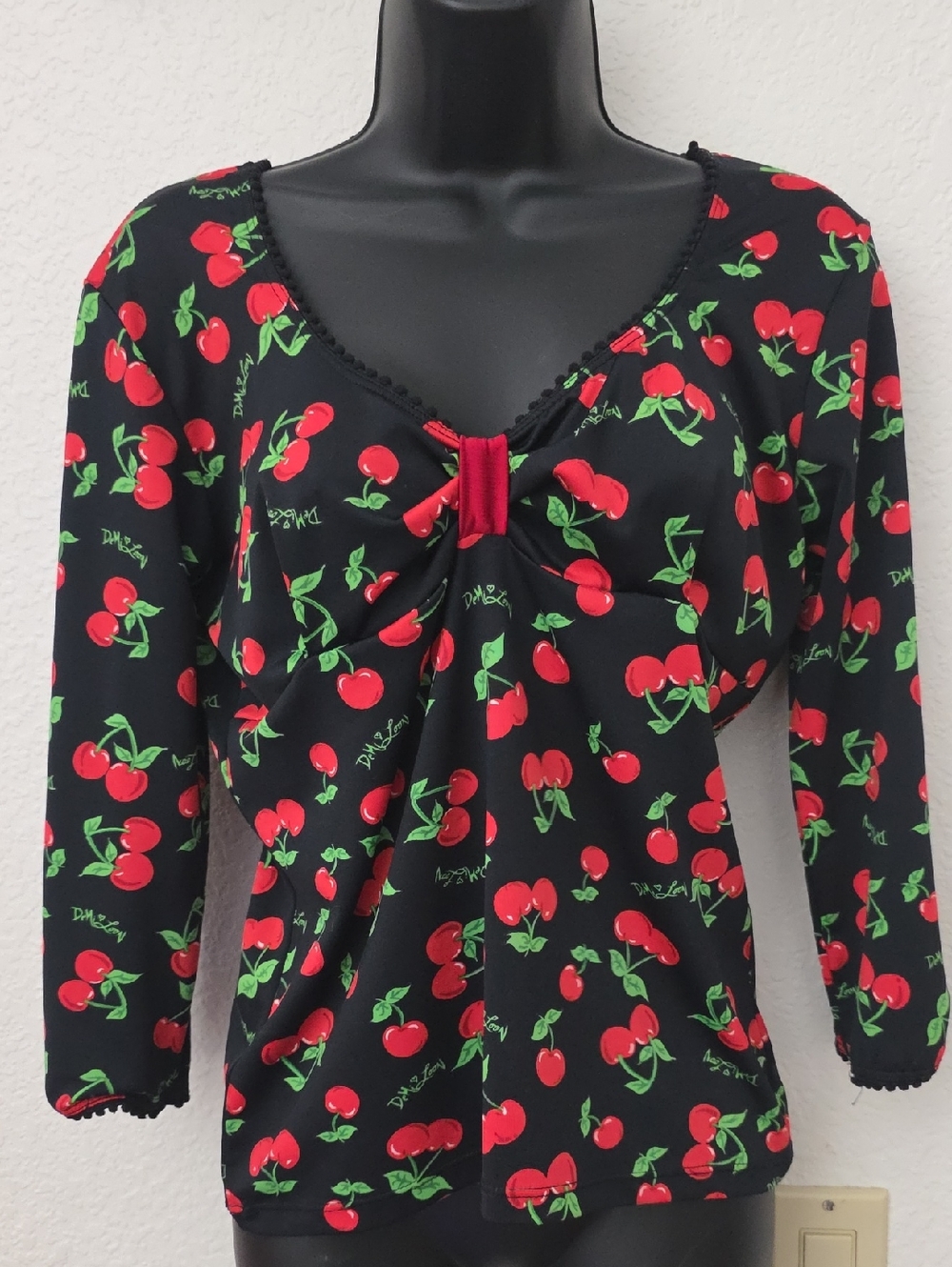 Black Cherry Print Long-Sleeve Blouse with Front Tie